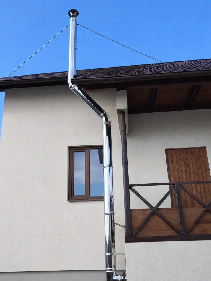 Coș de fum inox montat pe fațada unei case, terminație cu pălărie