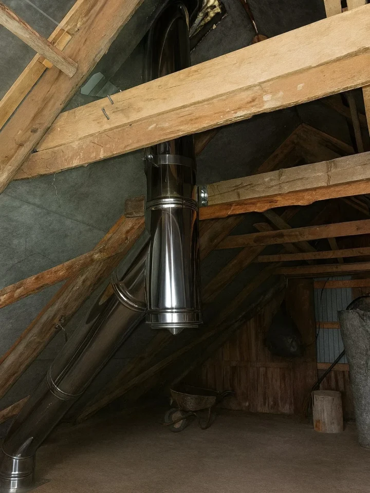 Coș de fum inox trecut prin podul unei case cu grinzi de lemn